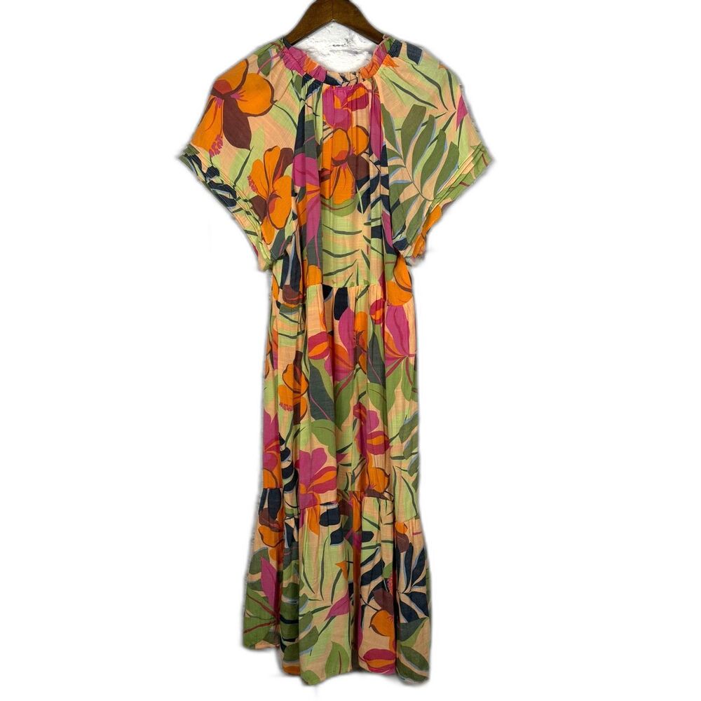 Sharagano Tropical Print Midi Dress Womens PL Short Sleeve Tiered Boho Vacation - Picture 3 of 12